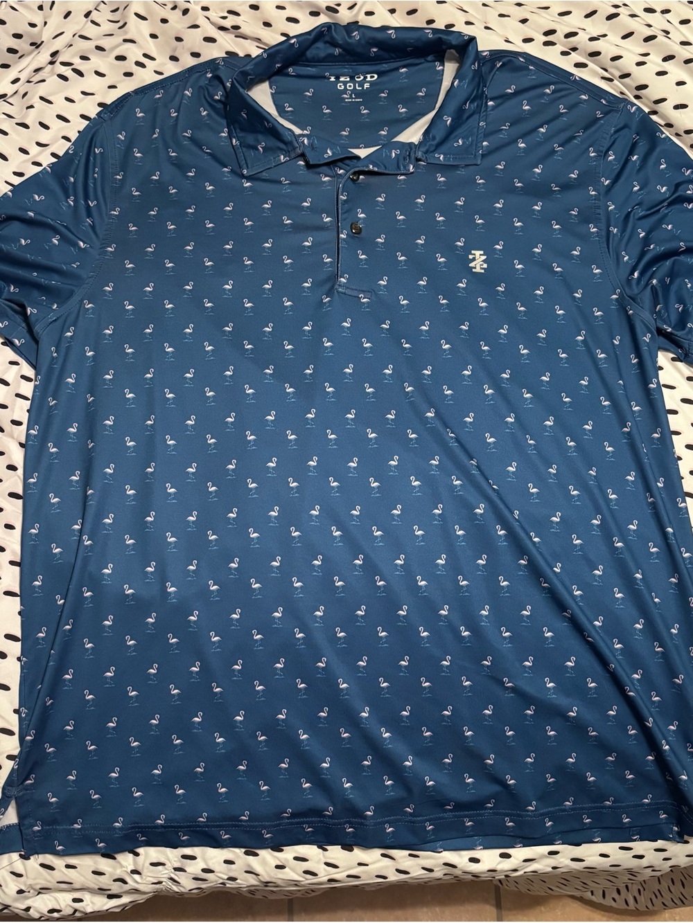 Izod Blue Polo with White Flamingo Print
